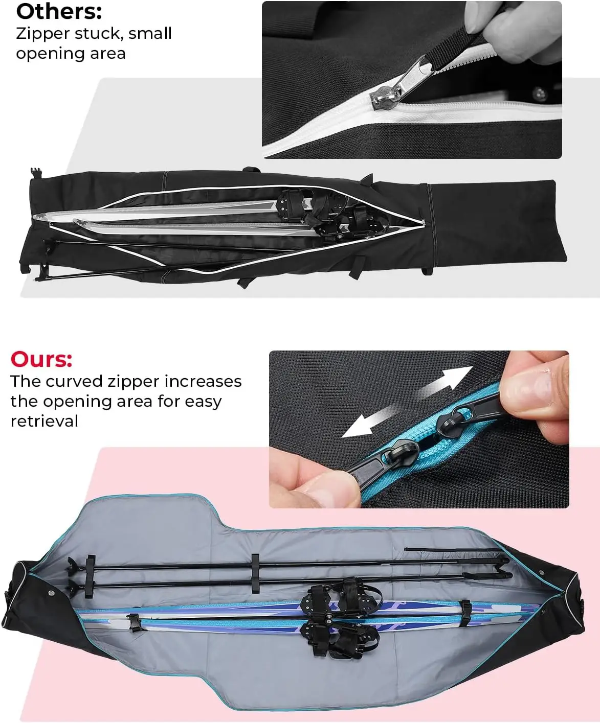 مجموعة حقائب التزلج والأحذية، حقائب سفر مبطنة للتزلج حتى 200 سم