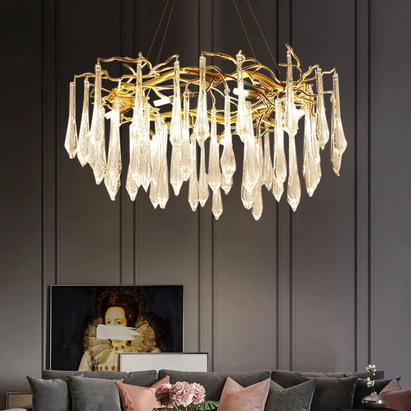 

Luxury modern golden branch LED crystal chandelier kitchen bedroom dining table living upscale hotel