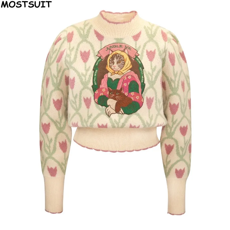 

Tulip Jacquard Sweater For Women Cartoon Embroidered Vintage Elegant Stylish Chic Tops 2024 Winter Turtleneck Long Sleeve Jumper