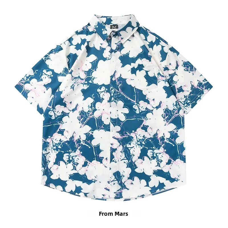 

from Graffiti Color Block Flower Short Sleeve Loose Men's Shirt Summer Hawaiian Style Casual Cotton Button up Top