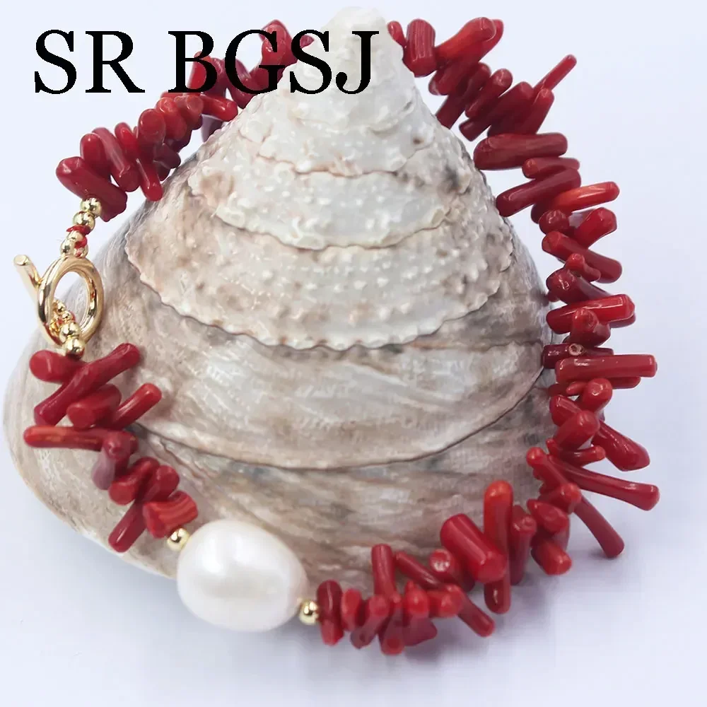 Elegant Christmas Gift  White Natural Pearl Lady Wedding Women Jewelry White Red Sea Bamboo Coral Bracelet 7-8inch