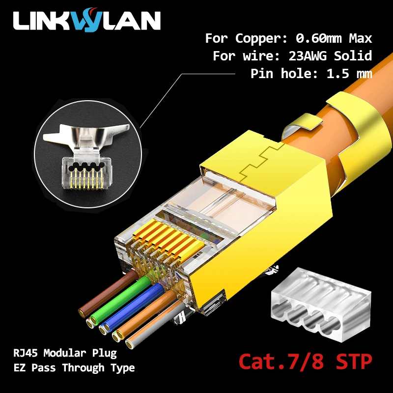 Linkwylan Cat7 Cat6 Cat5e UTP STP Pass Through Plug Network RJ45 Modular Connector 1.1/1.3/1.5mm Holes For Solid Stranded Cables