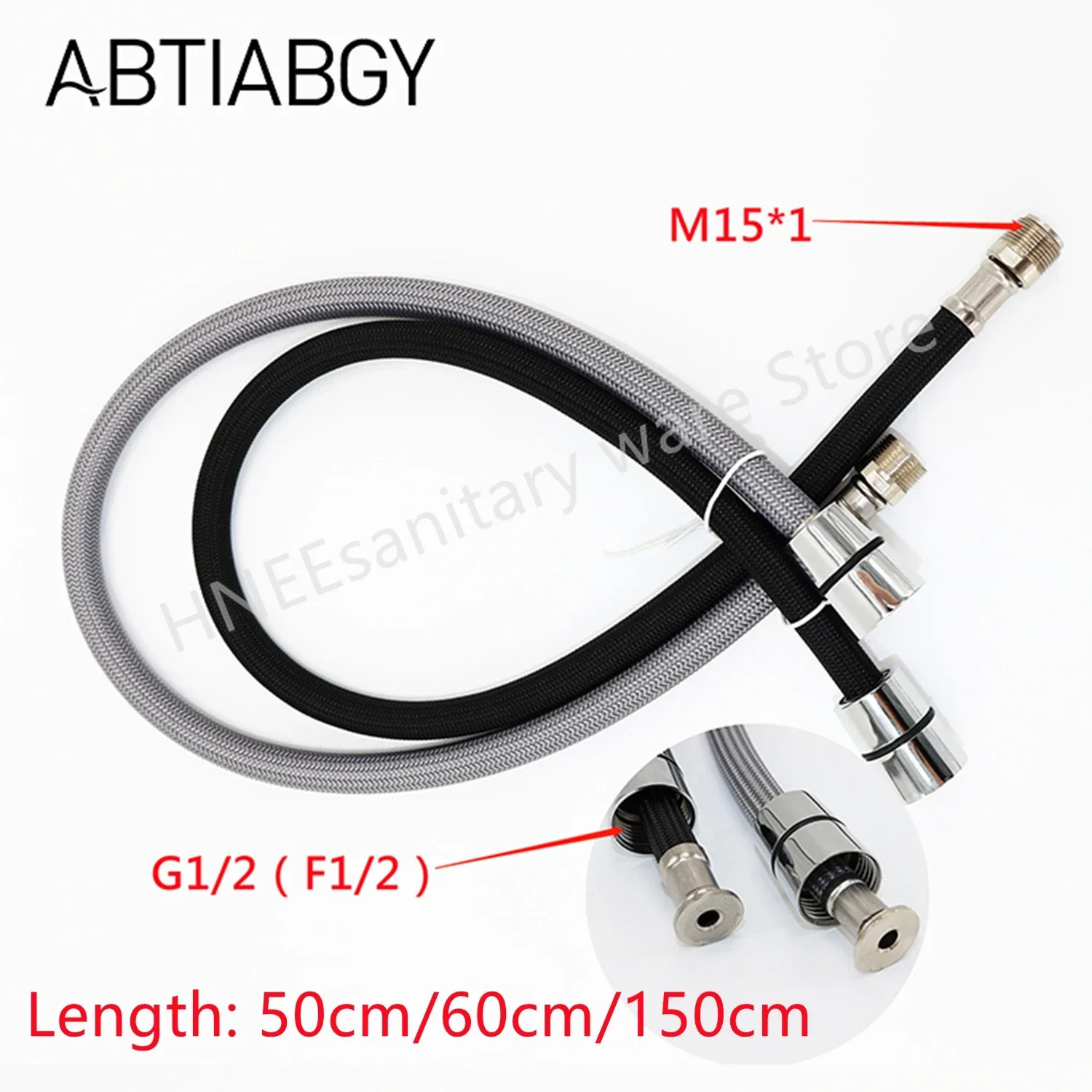 50/60/150cm F1/2 M15*1 Pull Out Faucet Hose Nylon Braided Flexible Water Hose For Kitchen Black Gray Plumbing Spinning Tube