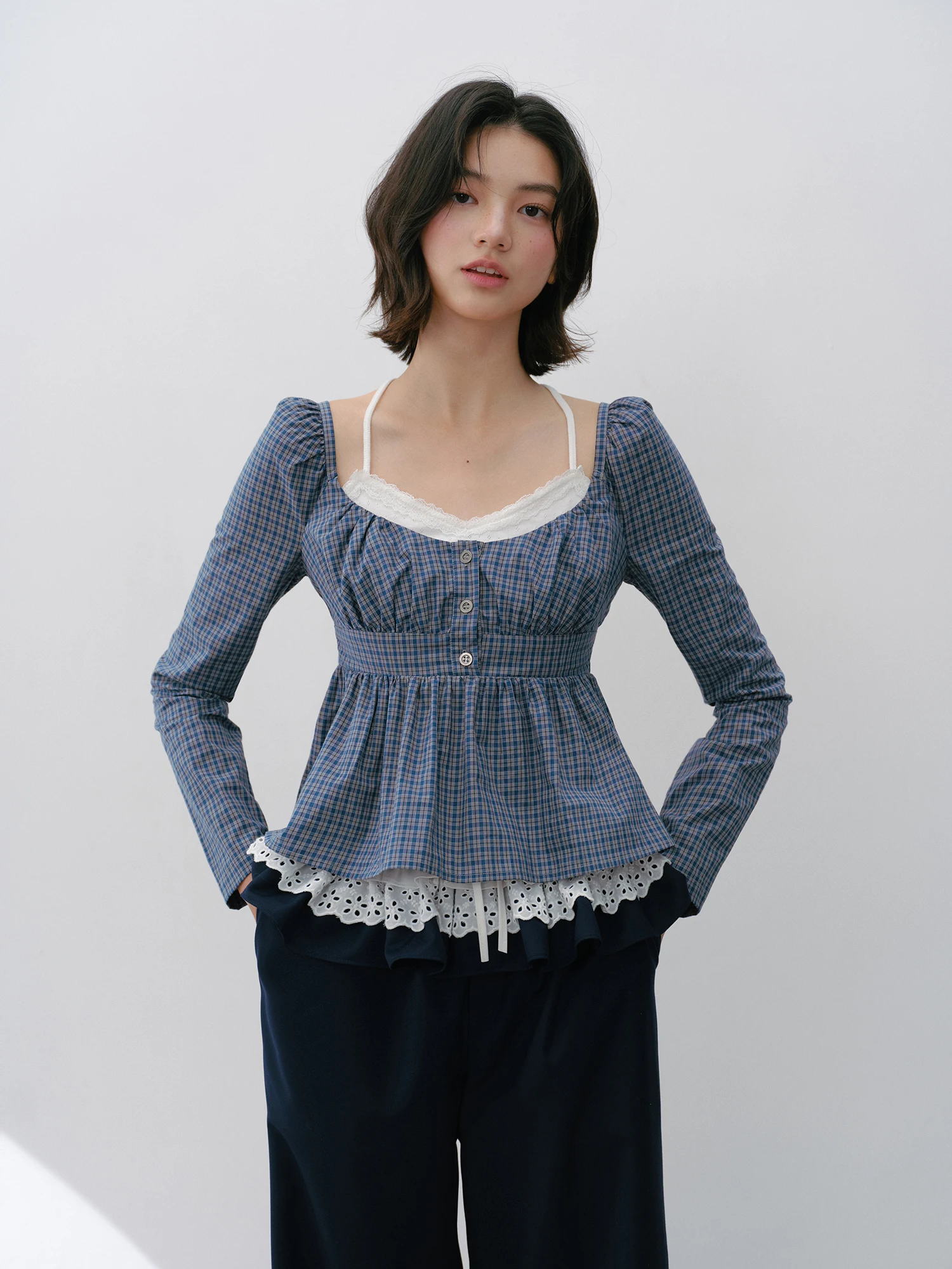 

Narratorgirls Retro Sle irt Waist Cinched Long Sve Plaid Patterned Blue Women's Pure Cotton Breathable Spring Autumn