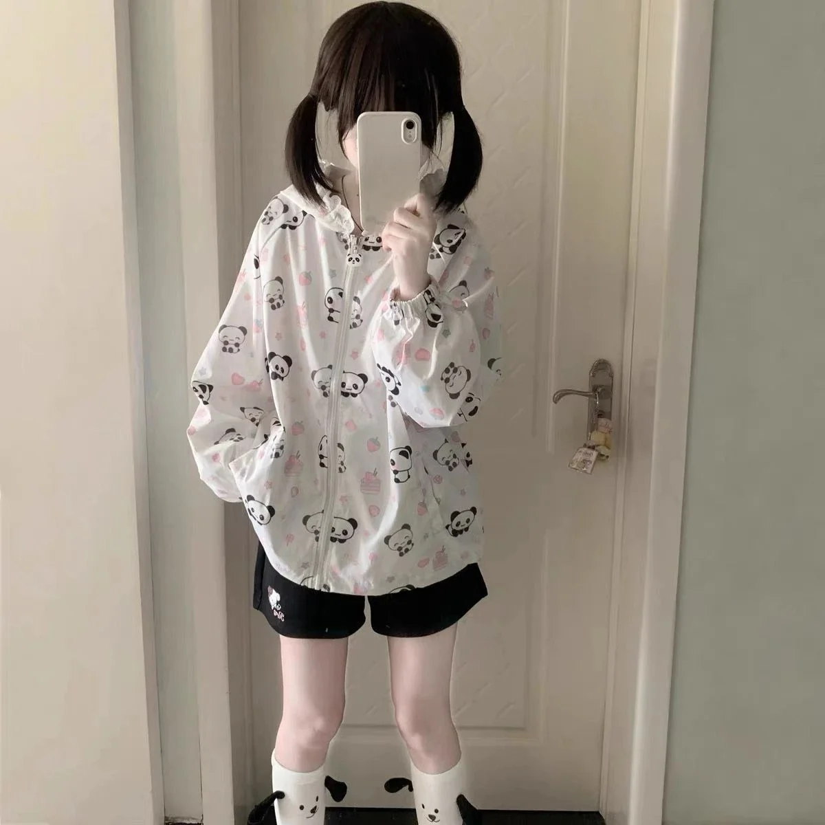 Japanese Kawaii Cartoon Print Jackets Loose Y2k Casual Sun Protection Women's Tops Lace Patchwork Preppy Grunge Hooded Coats