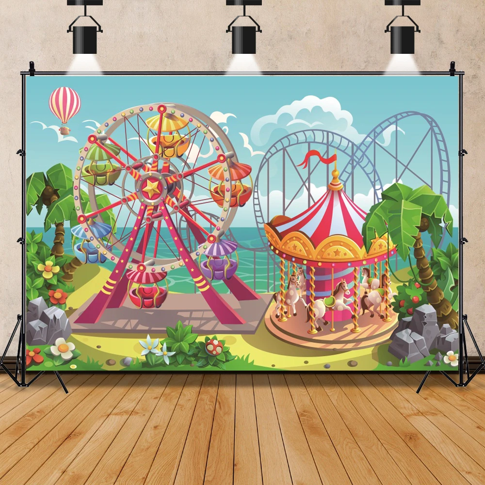 Laeacco Vinyl Backdrops Baby Cartoon Amusement Funfair Carousel Park Portrait Photographic Backgrounds Photocall Photo Studio