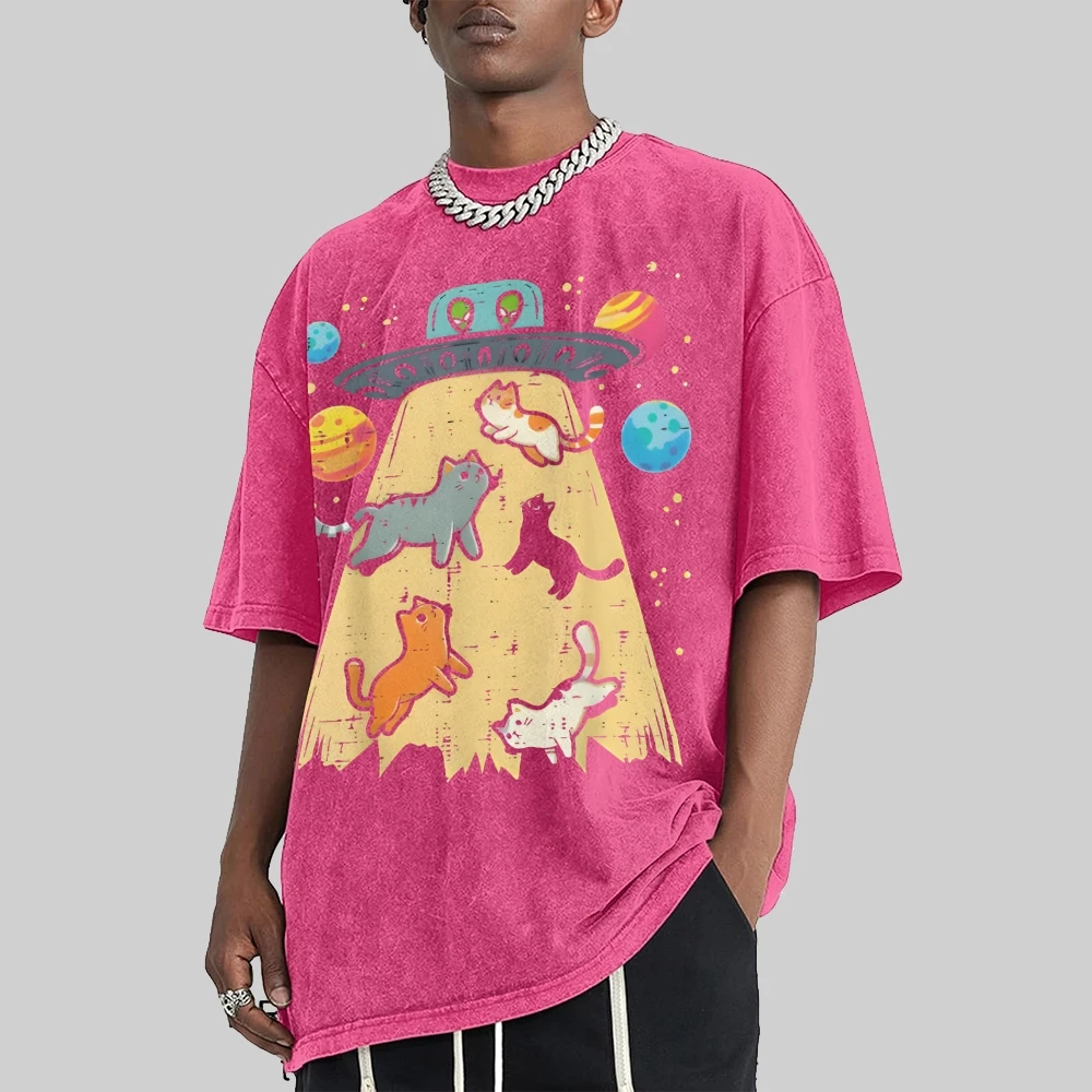 Футболка Kitties And UFO с милым рисунком Wahsed, футболка с круглым вырезом и принтом, высококачественная одежда, летняя верхняя одежда с короткими рукавами