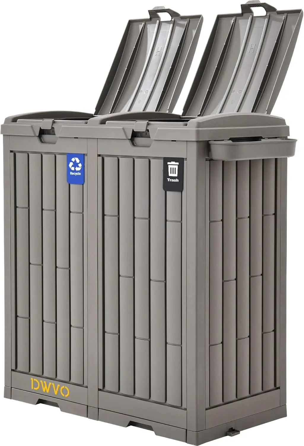 

Уличный мусорный бак на 76 галлонов с двумя отделениями, крышкой, этикетками для сортировки, держателем для золы и аксессуарами для патио и сада