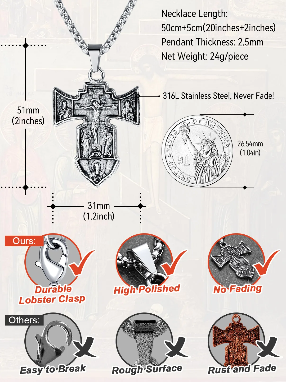 U7 Stainless Steel Orthodox Necklaces Jesus Russian Eastern Cross Crucifix Pendant Retro Vintage Unisex Jewelry Gift Choice Sale