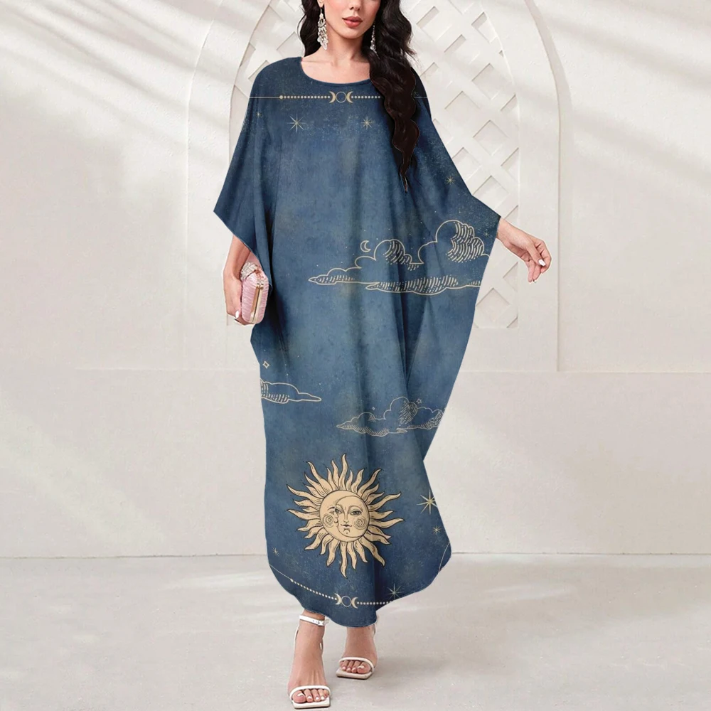 Women's Eid Muslim Dress Tight Waist O Neck Casual Starry Print Dress Dubai Islamic Abaya Moroccan Arabic Outdoor Clothing