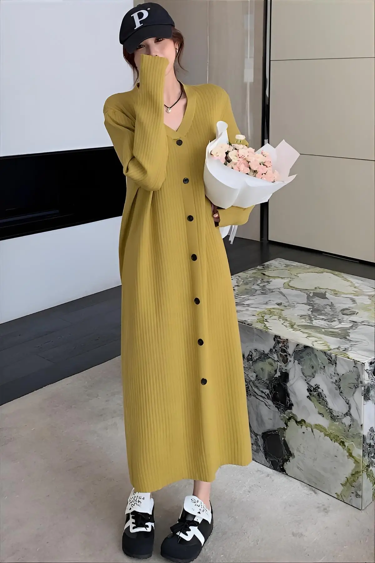 

Knee Length Cardigan For Woman Sweaters Jumpers Women Kintted Double-Breasted Commuting Carp Bottoming Textured Polychrome Girls