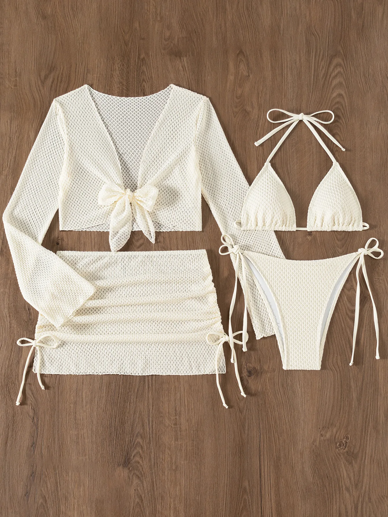 Conjunto de Bikini de 4 piezas blanco de malla Sexy para mujer, traje de baño de manga larga con falda, traje de baño para playa, traje de baño con Tanga para vacaciones 2025