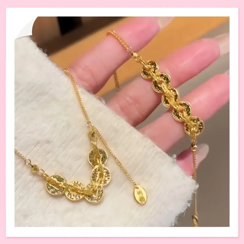 

Ожерелье из медных монет «Пять Императоров» с эффектом взрывного ледяного песка, золотое, на удачу, браслет-сокровище, цепочка на ключицу Qian Duoduo, женское