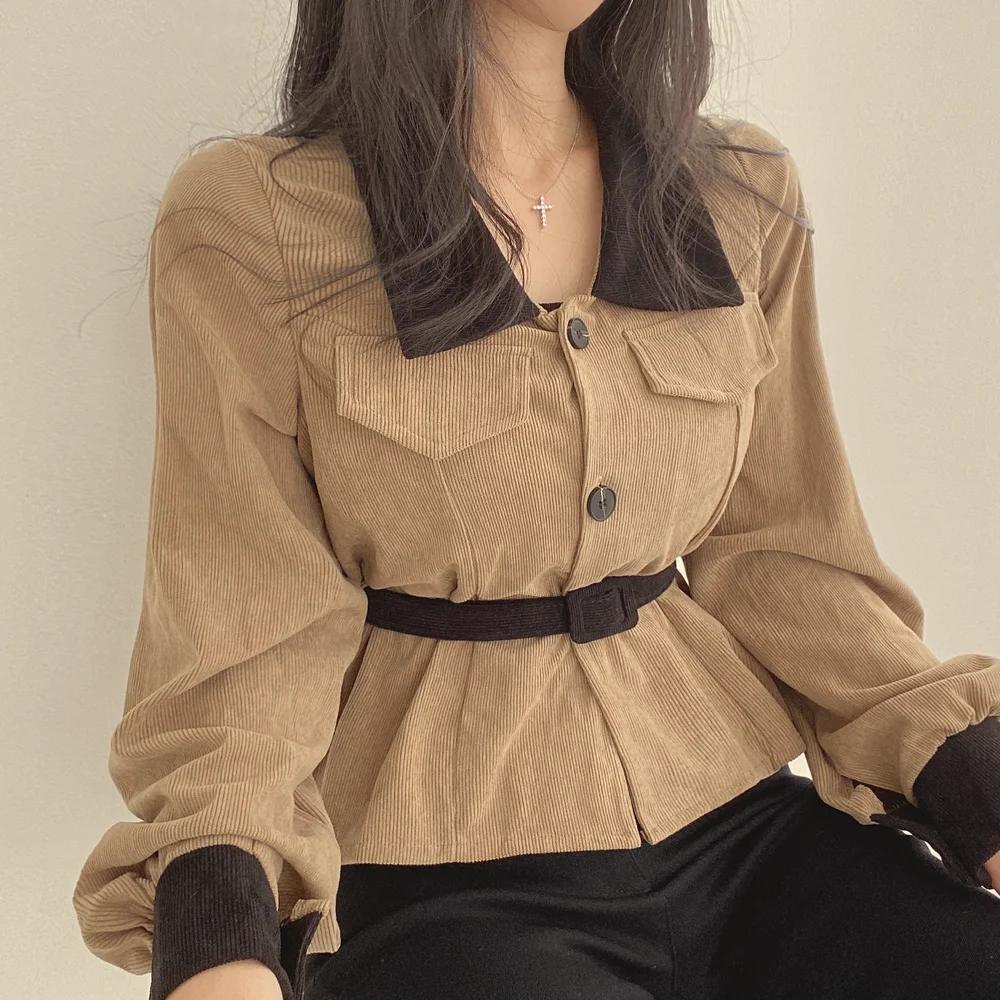 

Women's Autumn Corduroy Short Shirts with Belt 2022 Female Lapel Collar Vintage Blouses Single Breasted Stylish Tops