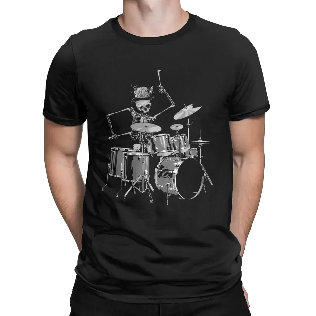 Vintage Pure Cotton Tee Shirt Crewneck Short Sleeve T Shirt Gift Idea Clothing Skeleton Drum Kit Hat Music Band T-Shirts for Men