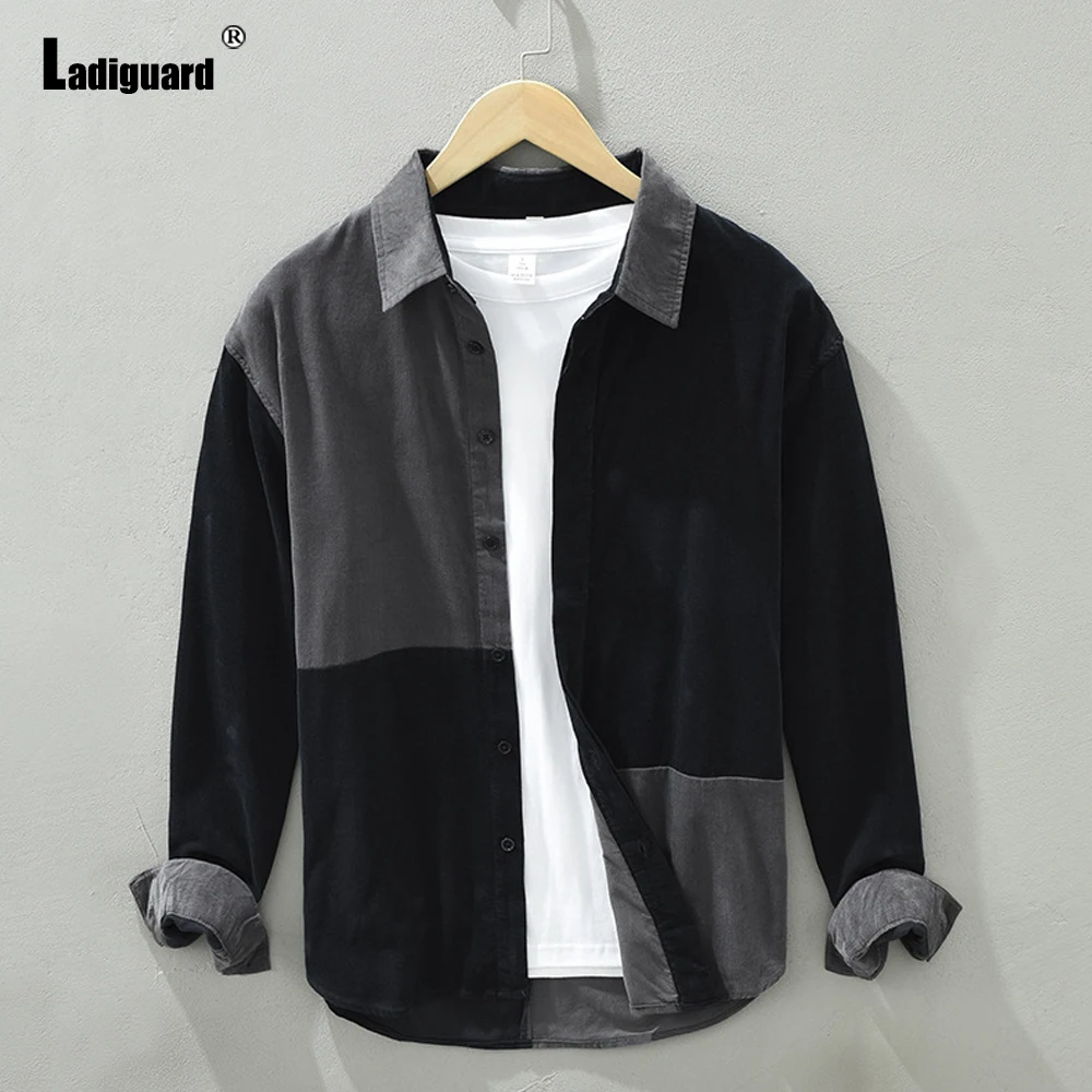 

Ladiguard Men Patchwork Shirt Clothing 2023 Kpop Style Fashion Tops Outerwear Soft Cotton Blouse Men's Casual Retro Shirts Wear