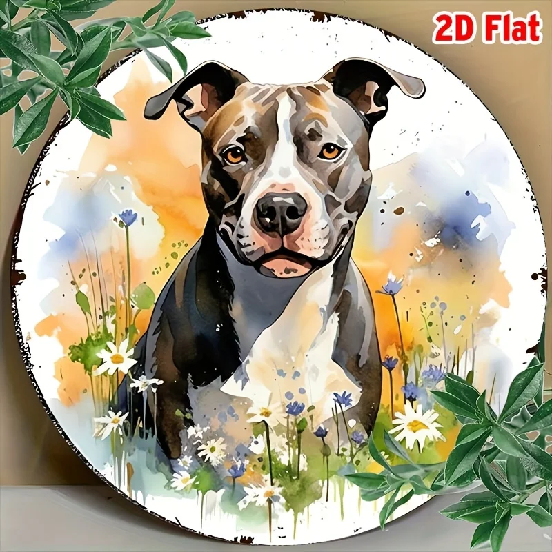 Letrero Decorativo de Metal con Diseño de Perro American Staffordshire Bull Terrier, Plano en 2D, 1 Pieza, 8x8 Pulgadas, Redondo, Resistente al Óxido, Estilo Pitbull