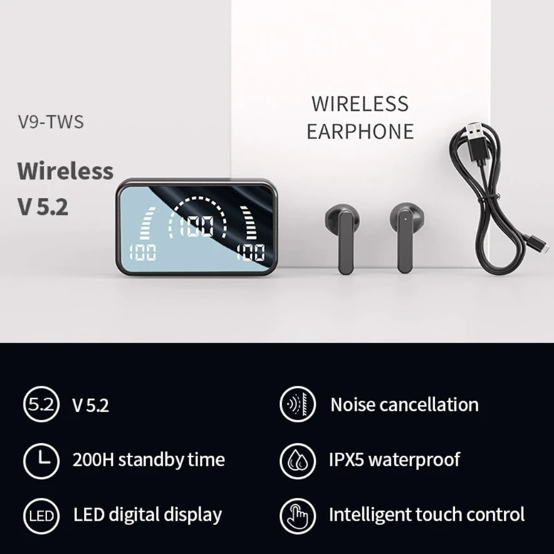 Écouteurs sans fil V5.2 S20, oreillettes stéréo HiFi, résistants à sueur
