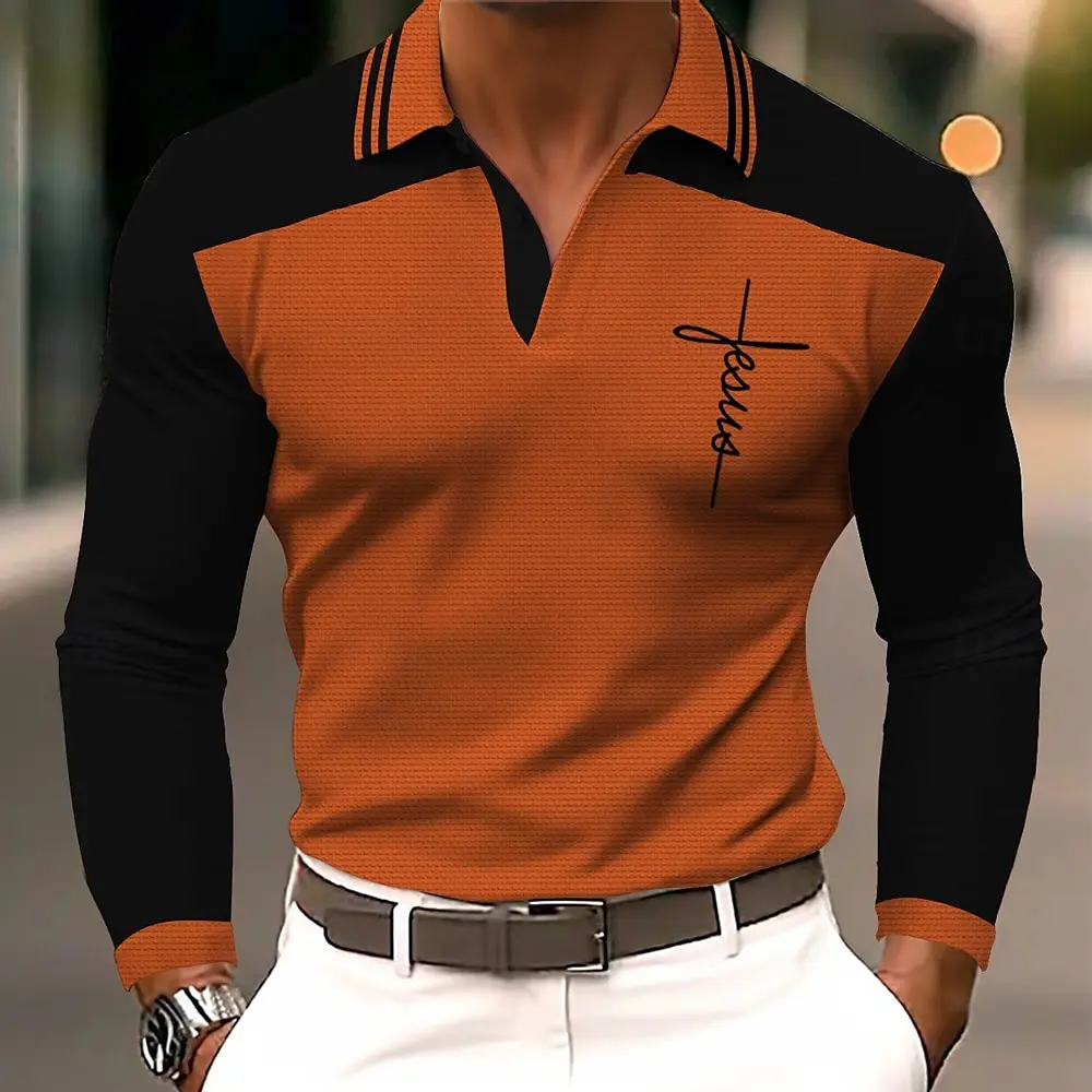 Men's 3D Printed Cross Pattern Golf Shirt Long Sleeve Polo Shirt Business Casual Formal Button Collar Autumn and Winter