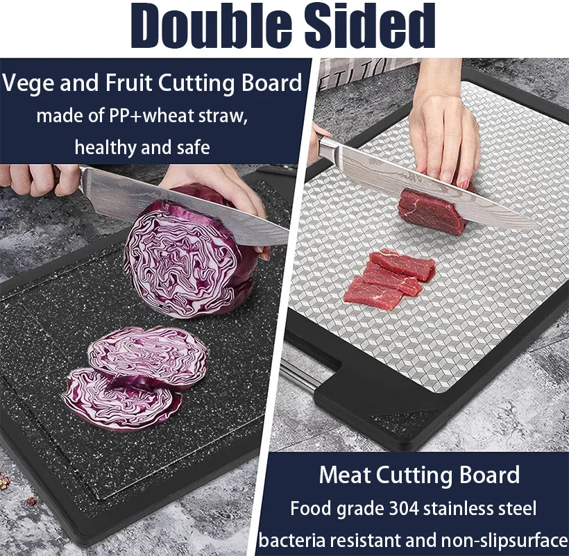 

Double-Sided Stainless Steel Cutting Board, Food-Grade Antibacterial Chopping Board with 304 Magic Cube, Kitchen Accessories