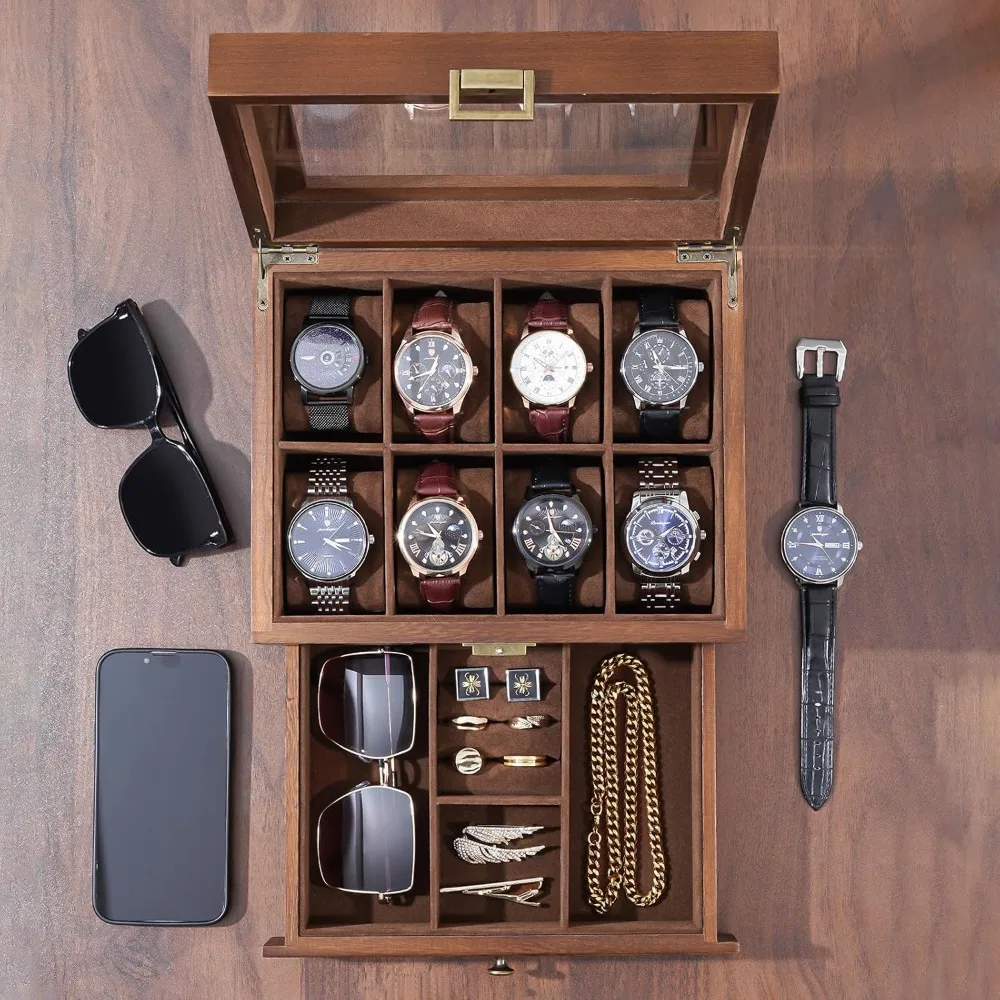 8-Slot Wooden Watch Box with Drawer, 2-Layer Jewelry Organizer, Gift for Men Women, Brown