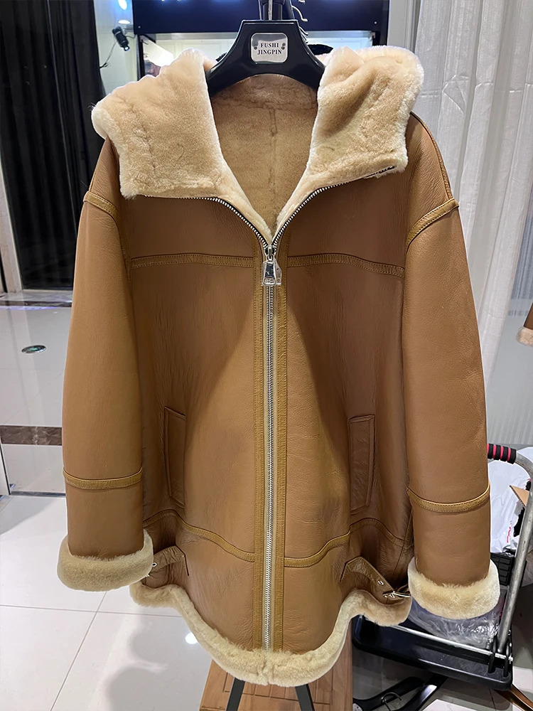 Winter Women Locomotive Suit Real Natural Merino Sheep Fur Coat Hooded Genuine Leather Jacket Thick Warm Luxury Female Coats