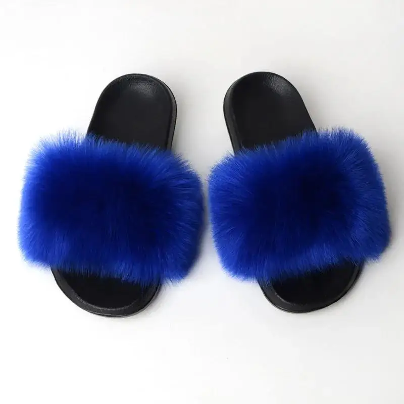 Monochrome Solid Color Imitation Fox Fur Slippers Women Summer Fashion Simple Indoor Non-Slip Fluffy Fox Fur Sandals