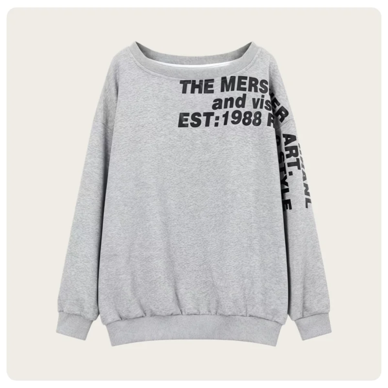 Korean Style Women's Gray Letter-Print Loose-Fitting Off-Shoulder Sweatshirt Without Fleece Lining