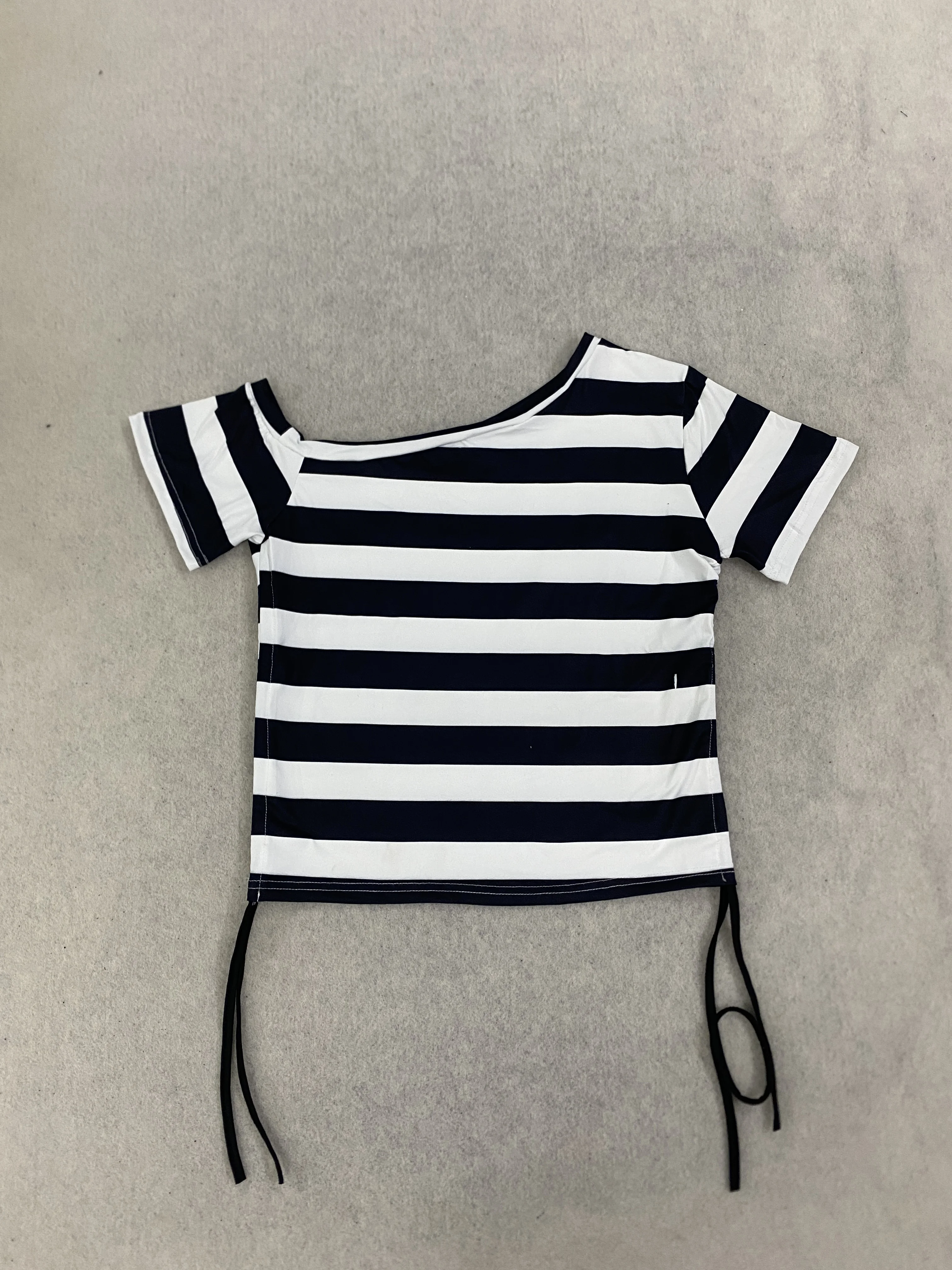 Sweet Cool Black White Stripe Asymmetrical Shoulder T-shirt Magenta Text Star Print Double Ruched Drawstring Slim Hot Girl Shirt view 3