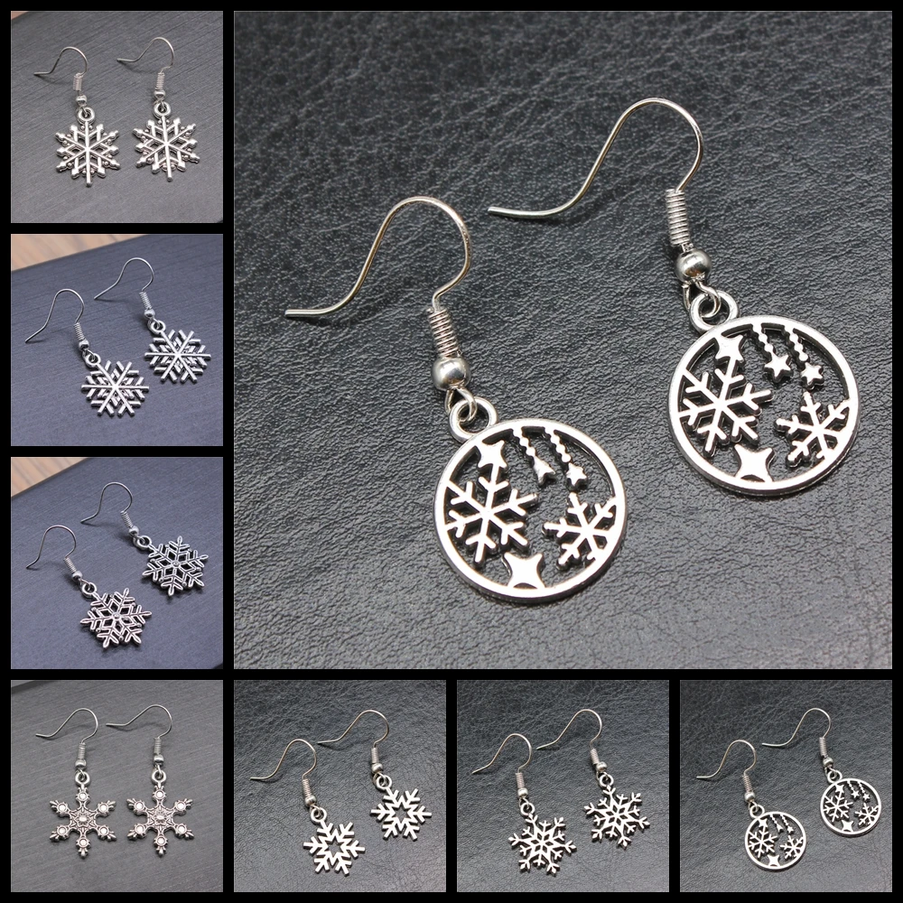 Fashion Handmade Snowflake Earrings Women Christmas Gift Antique Silver Color Drop Earrings