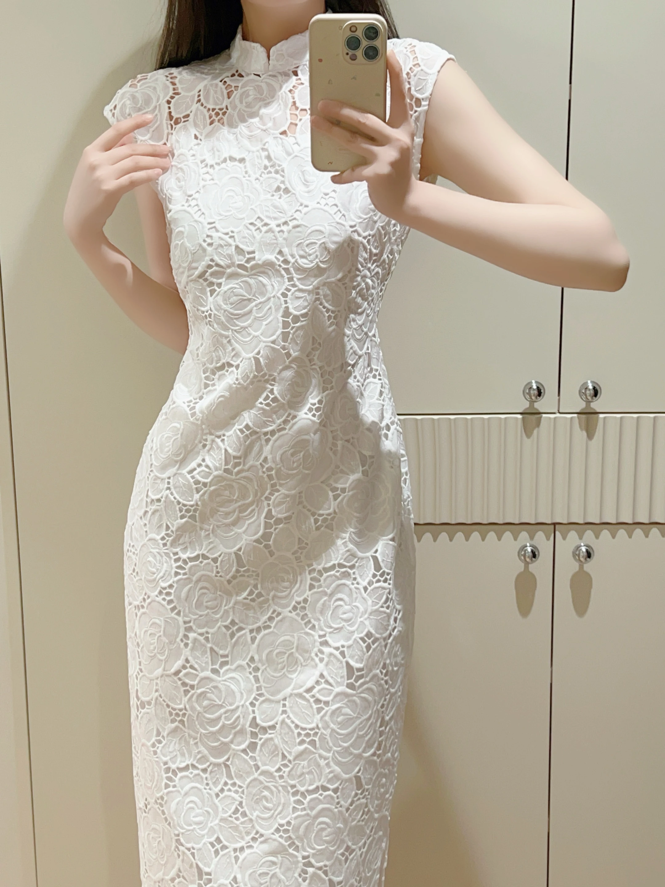 

Новое китайское кружевное платье миди с вышивкой белыми розами, улучшенное, элегантное, премиум-класса, для повседневной носки