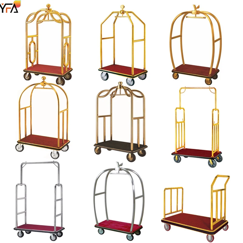 Luxury Lobby Luggage Trolley Titanium Glod  Multi-Function Birdcage Luggage Transport Cart Bellman Hotel Luggage Trolley Cart