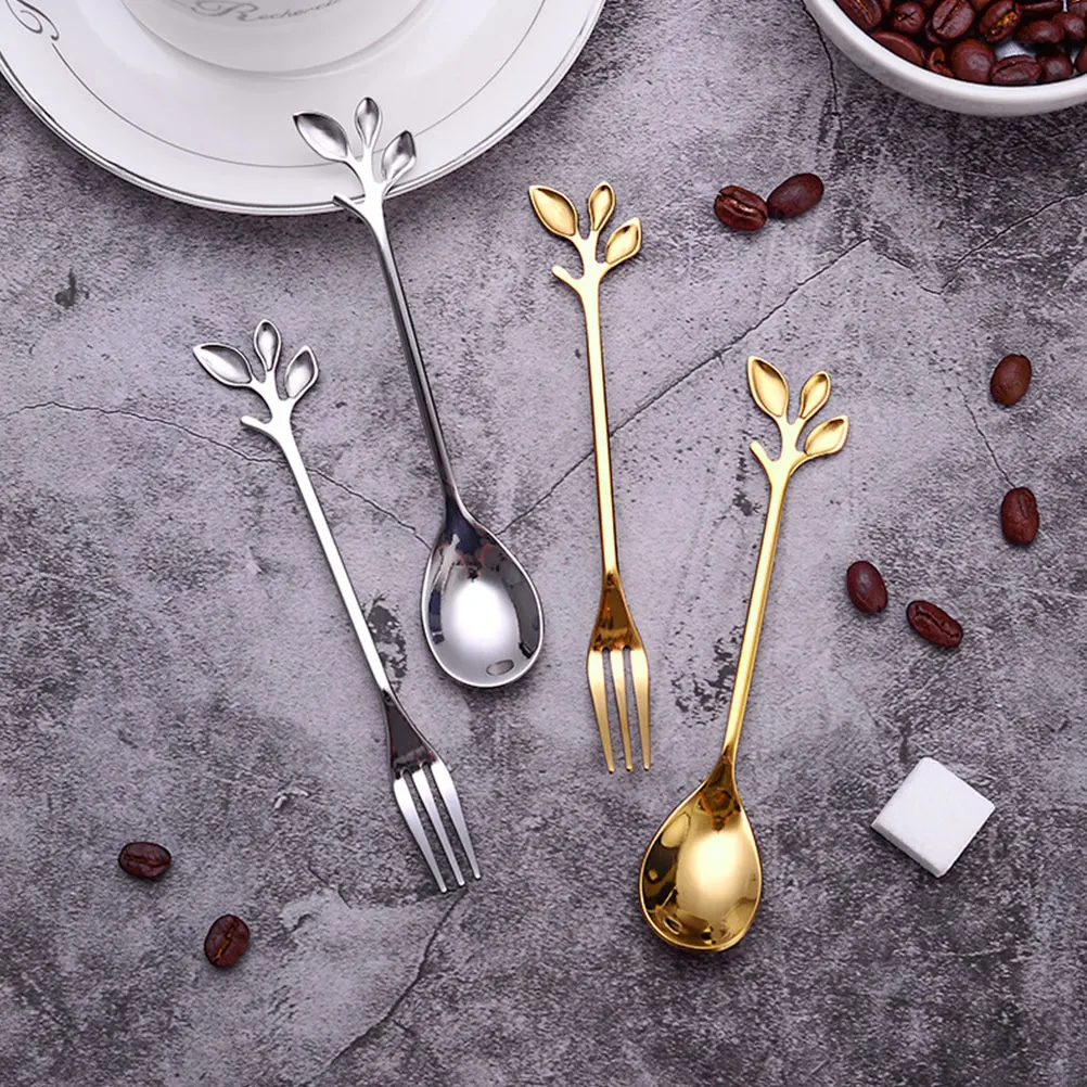 

12pcs Leaf Shape Stainless Steel Spoon Coffee Cake Forks Golden Mixing Stirring Kitchen Tea Dessert Party Creative Ice Cream