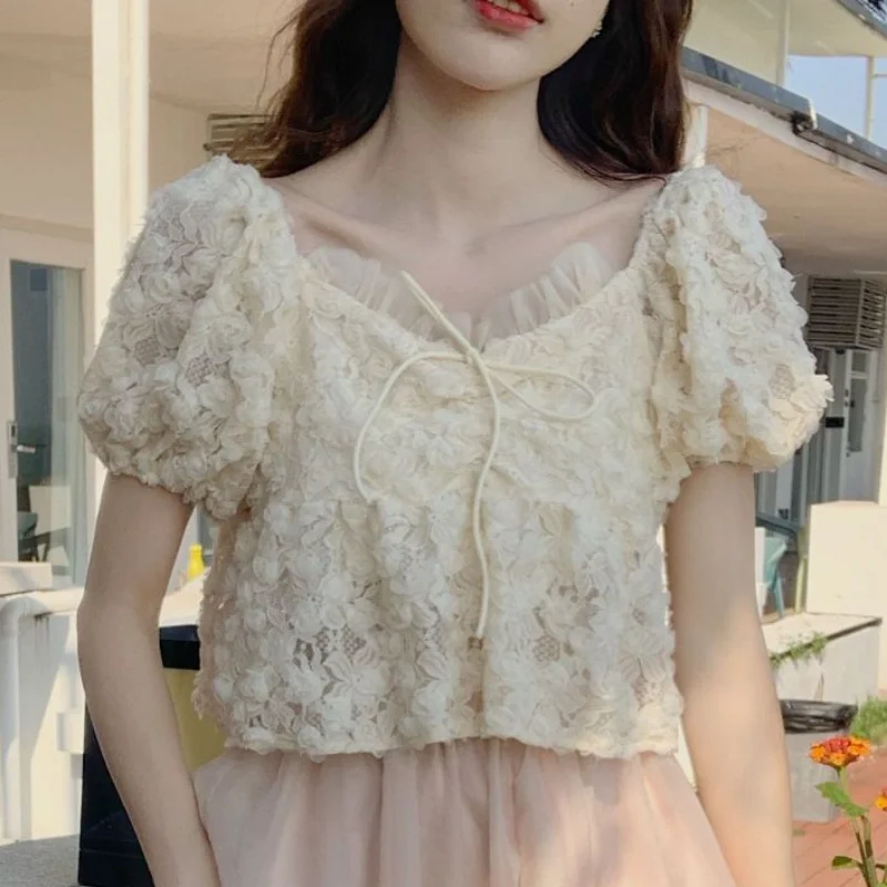 Short Puff Sleeve Blouses for Women Bow Solid Design Crop Tops Sweet Korean Style Fashion Chic Girlish All-match Summer Daily