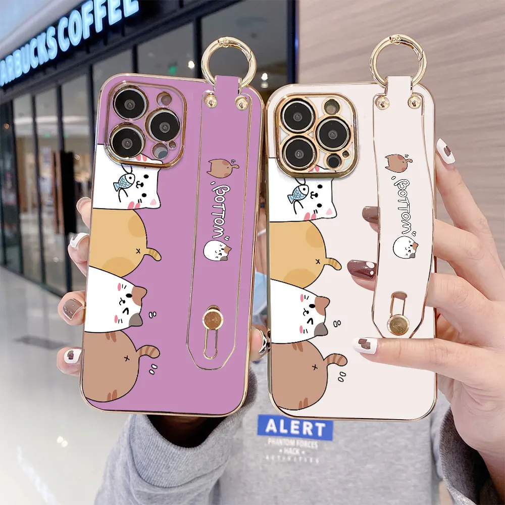 Cartoon Soft Phone Case For Samsung Galaxy Note 20 Ultra Note 10 Plus 5G Lite Cute Cat Pattern Plated Wrist Strap Back Cover