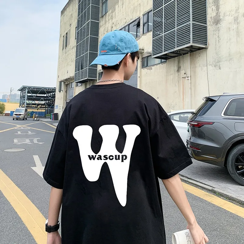 American Printed Pure Cotton 2024 Short Sleeved T-shirt for Men with European and American Style Hip-hop Loose Half Sleeves