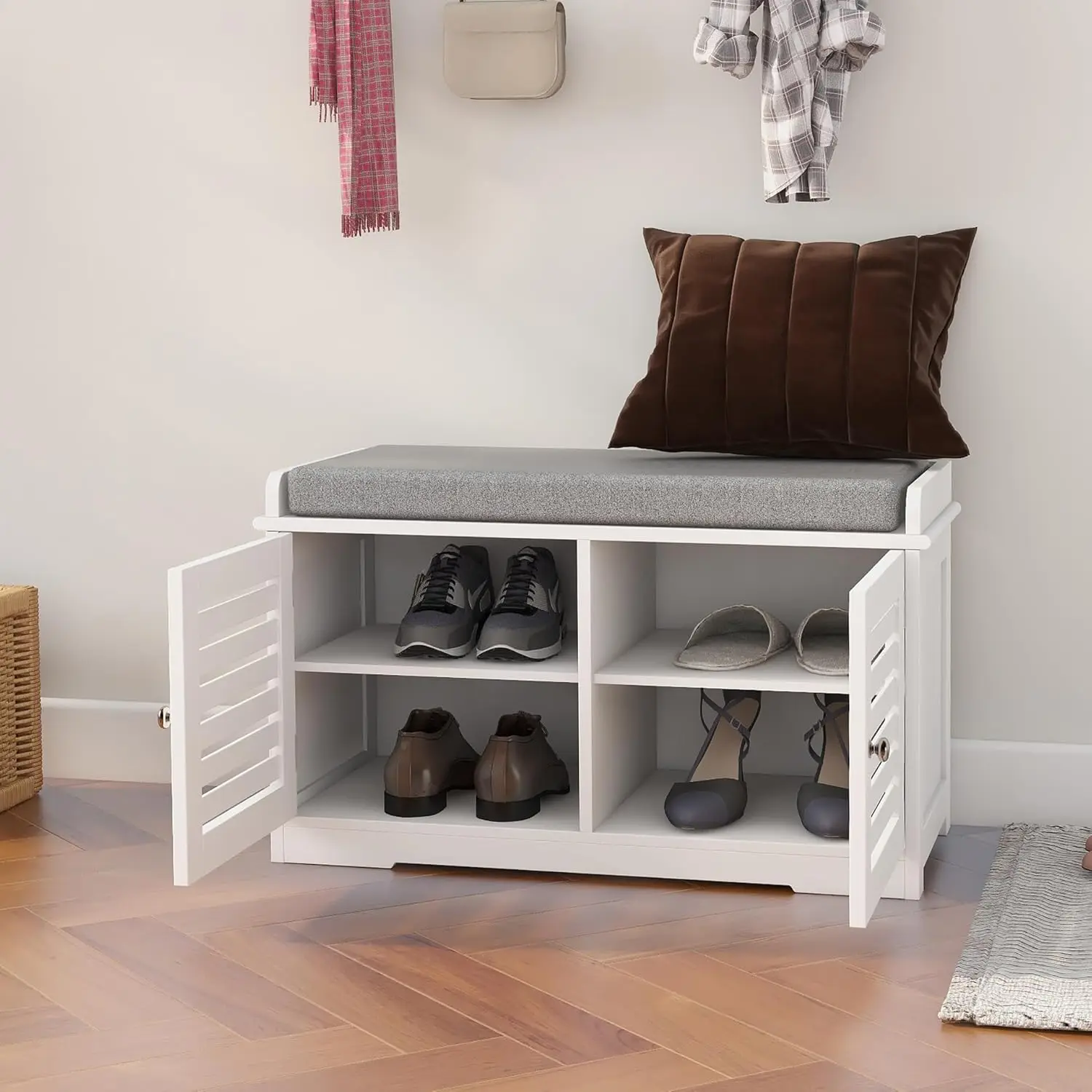 

Storage Benches White Shoe Rack Bench with 2 Doors & Padded Seat Cushion in Grey Shoe Cabinet Shoe Entryway Bench