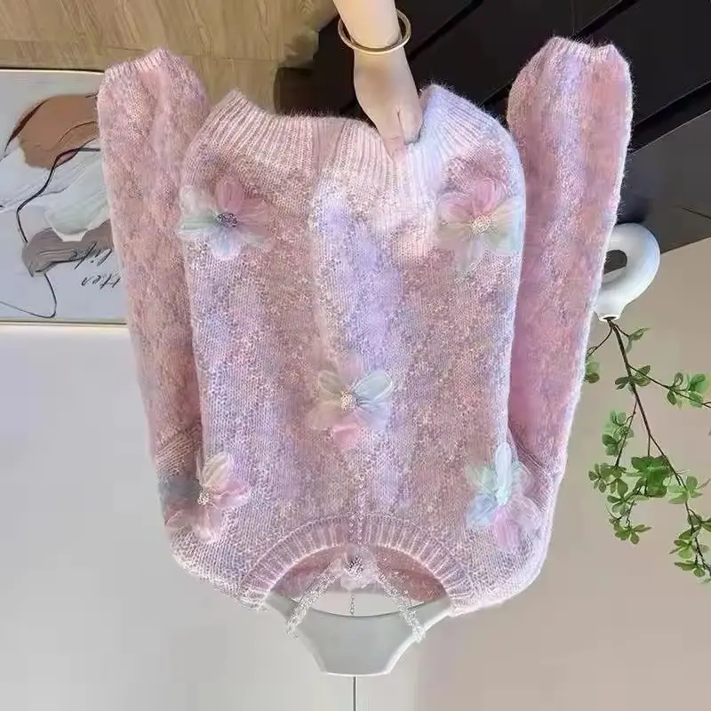 

Корейский высококачественный градиентный трехмерный женский пуловер с цветами, осенний новый ветровой короткий свитер с круглым вырезом, женский