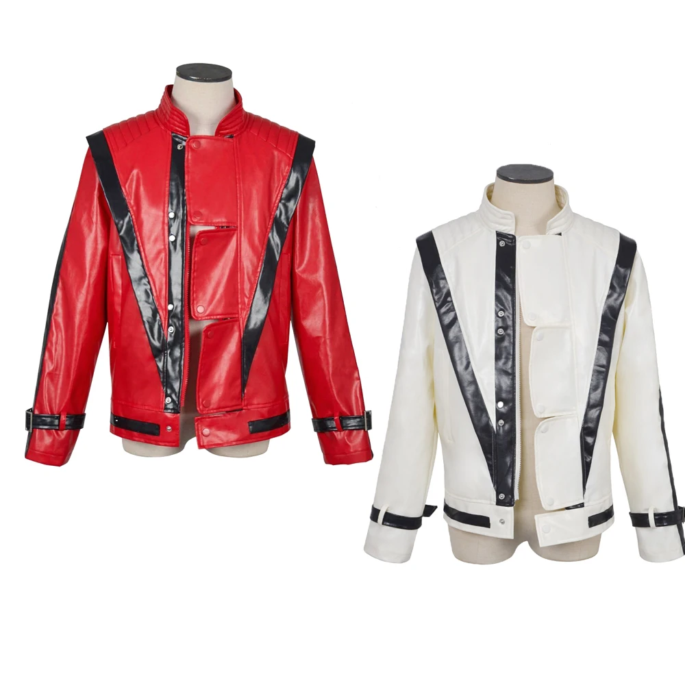 

New Michael Jackson Thriller Scary Costumes Red Whit Leather Jacket for Men's Man Adults Halloween Christmas Top Coat Costumes