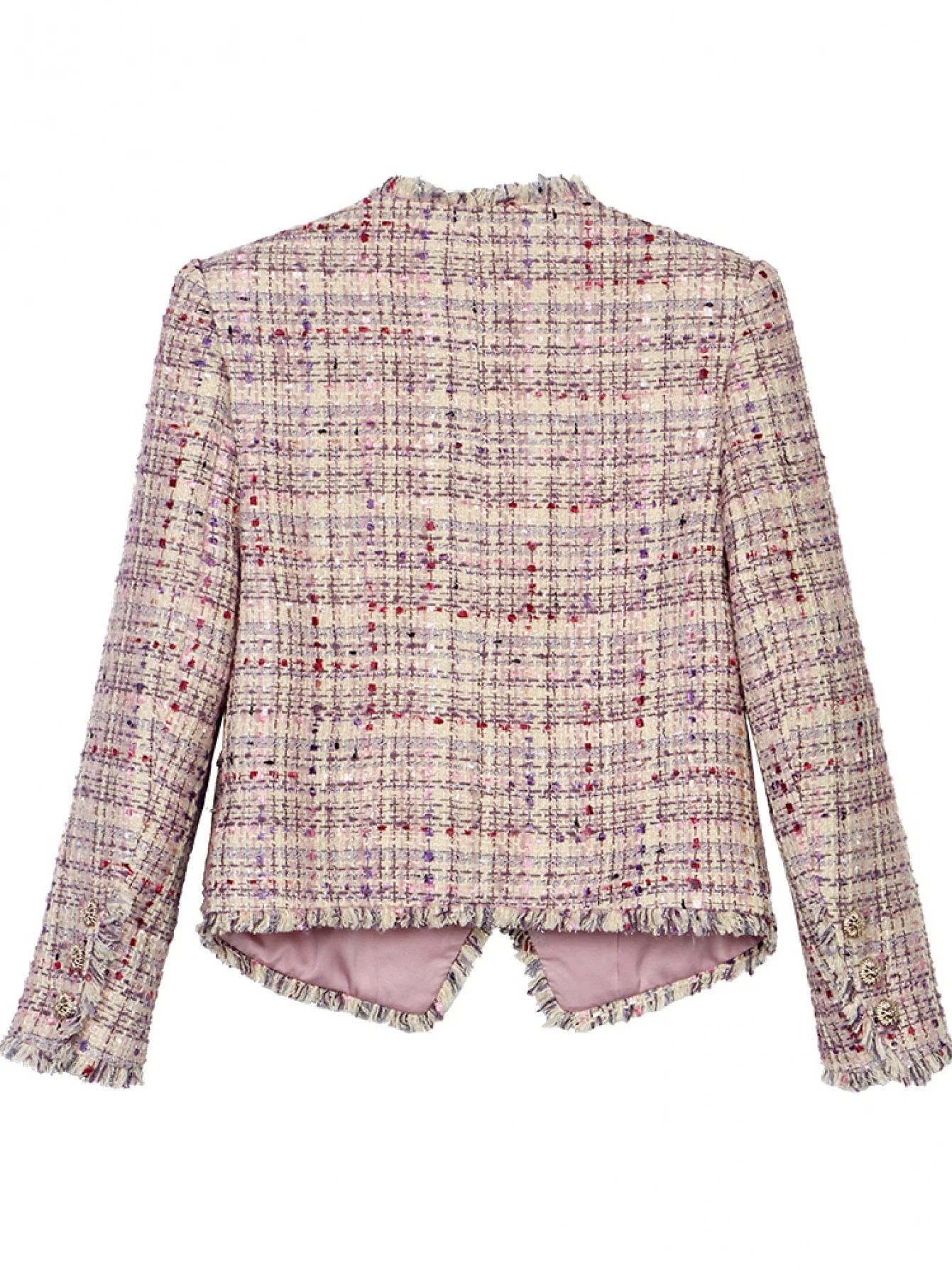 Women Multicolor Plaid Tweed Jacket Fringe V-Neck Gold Buttons Short Blazer Elegant Casual Coat 28502