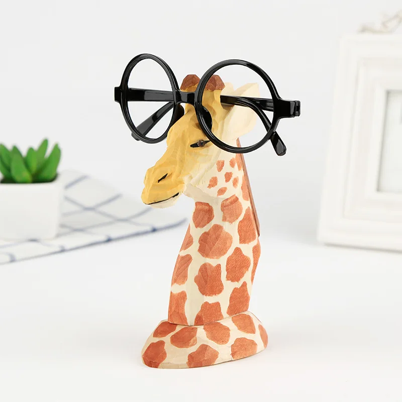 Drewniana figurka zwierzątko haczyki okularowe stojak ręcznie Carve żyrafa papuga Cock okulary uchwyt okularów Office Home Decor