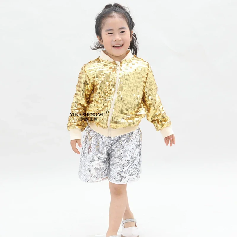 Kurtka z cekinami dla dzieci do tańca jazzowego, chłopięca i dziewczęca, odzież do hip hopu i tańca nowoczesnego, długi rękaw, zapinana na zamek, kurtka wiosenno-jesienna dla dzieci.