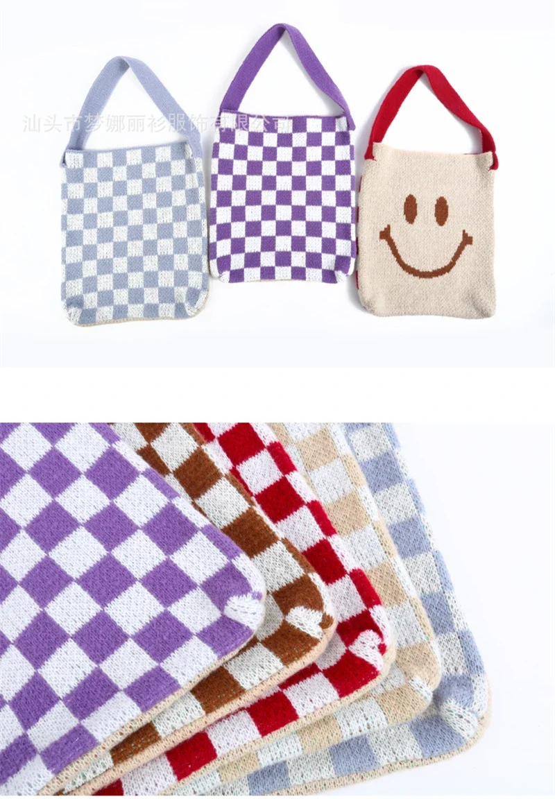 Teenager Crochet Woolen Chessboard Plaid Slouchy Carry Shoulder Bag Female Girly Winter Smile Face Cute Everyday Hobo Handbag