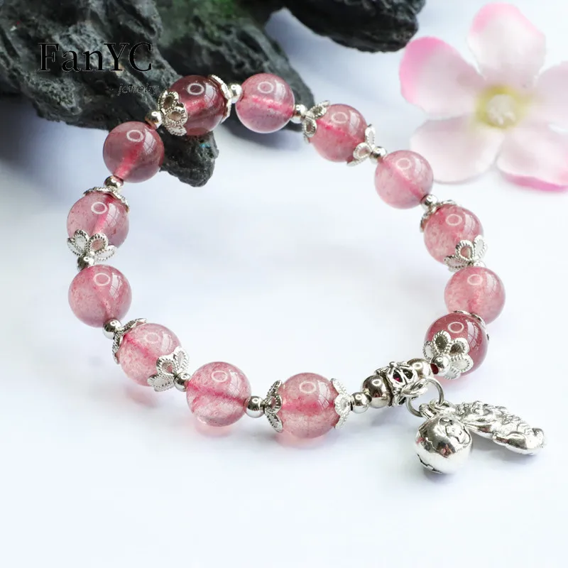 Natural Strawberry Crystal Hand String Peach Blossom Hidden Silver PiXiu Gourd Fringe Bracelet Exquisite Luxury Women Jewelry