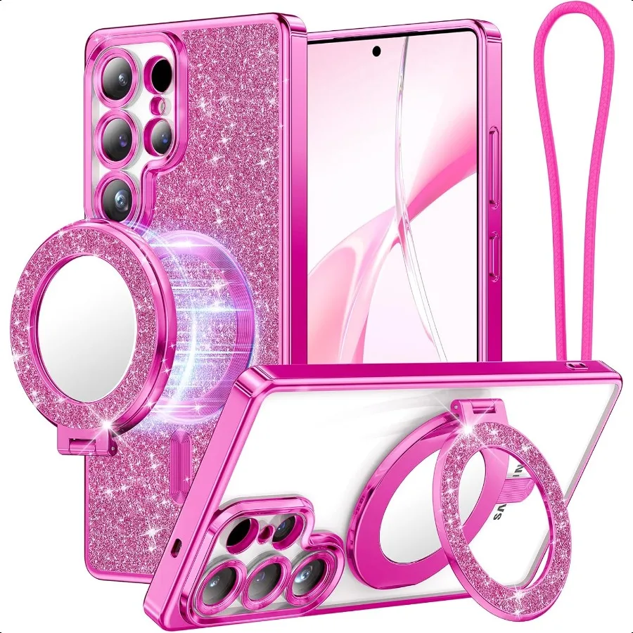 

Meifigno Magnetic Case with Removable Phone Ring Stand for Samsung Galaxy S25 Ultra [Glitter Card Wrist Strap] [MagSafe Compati