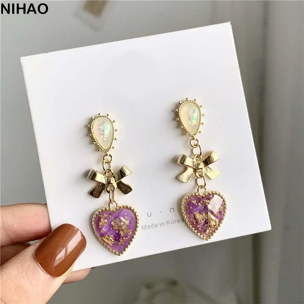 Regalo clásico para mujer, accesorios de resina con lazo colgante, pendientes de tuerca, joyería, pendientes colgantes de corazón de melocotón