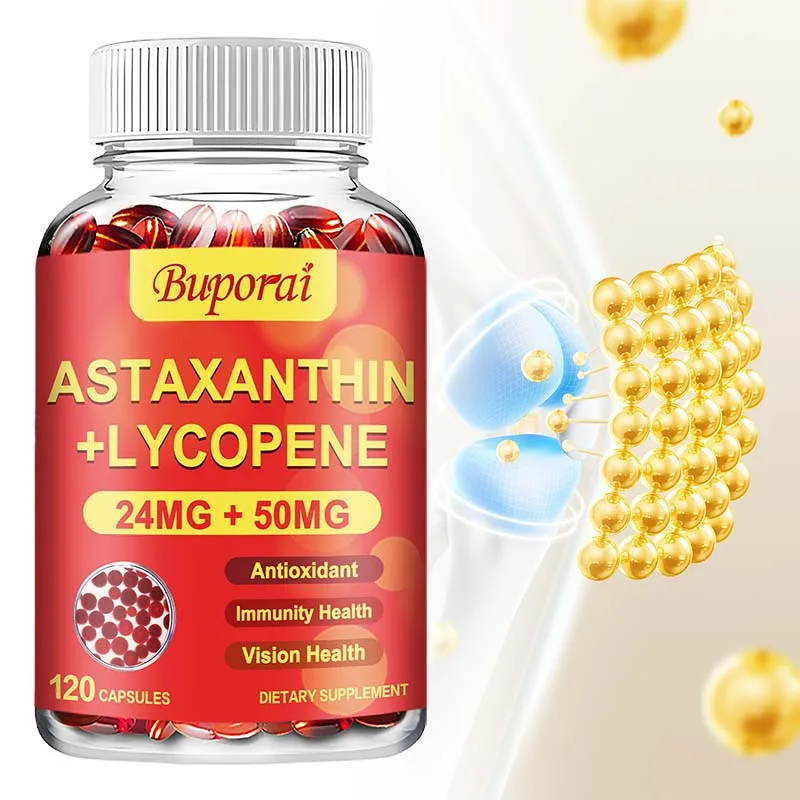 Cápsulas de astaxantina + licopeno: antioxidante, promueve la circulación sanguínea, apoyan la salud del corazón, de las articulaciones y de la visión, sin OGM
