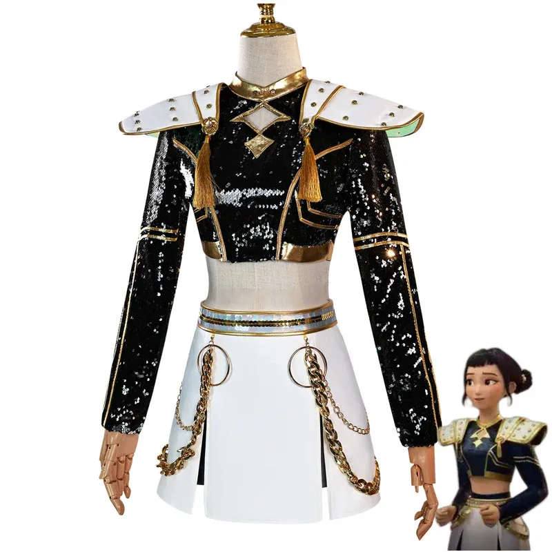 Новый аниме-фильмы Охотники Руми Мира Зои Косплей Костюм Концерт Черное пальто Короткая юбка Униформа Полный комплект Парик Женский сексуальный костюм; 2 '