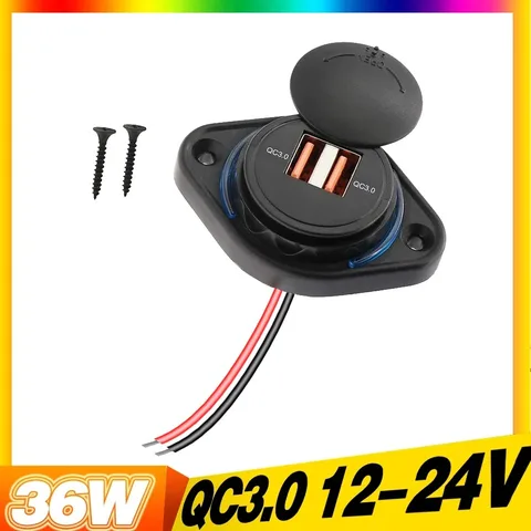 Быстрое зарядное устройство QC 3.0 с двумя USB-портами и подсветкой. Адаптер питания с розеткой быстрой зарядки и раздвижной крышкой. Автомобильное зарядное устройство с USB-портом 12–24 В.