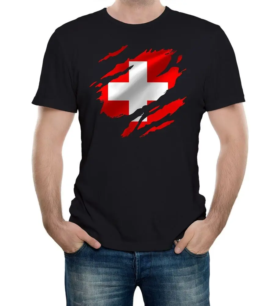 Torn Switzerland Flag Men's T-Shirt Swiss Bern Country National Football For Men Clothing Women Short Sleeve Tees